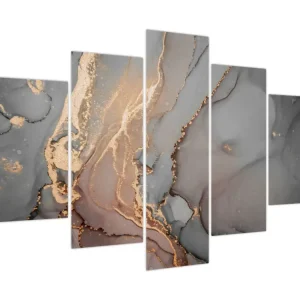 Schilderij - Grijs marmer met gouden structuur - Vijfdelig 150x105 cm Promotion