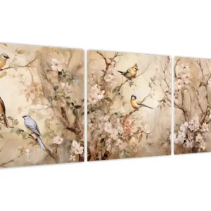 Schilderij - Vintage vogelschilderij II. - Driedelig 120x40 cm Prix Bas