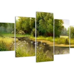 Vente Directe Schilderij - Rivier bij een bos, olieverfschilderij - Vijfdelig 150x80 cm