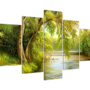Schilderij - Wilg aan een meer, olieverfschilderij - Vijfdelig 150x105 cm Livraison Express