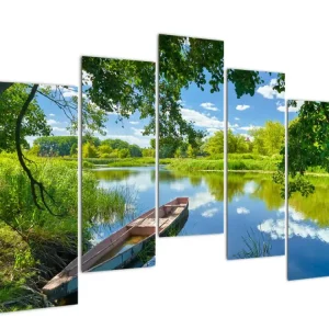 Meilleur Prix Schilderij - Rivier met bootje in de zomer - Vijfdelig 125x90 cm