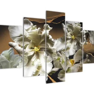 Achat Immédiat Schilderij - Orchideeën op een marmeren achtergrond - Vijfdelig 150x105 cm