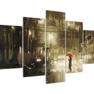 Authentique Schilderij - Vrouw in de regennacht - Vijfdelig 150x105 cm