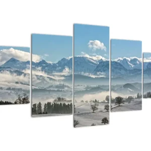 Authentique Schilderij - Besneeuwde bergen - Vijfdelig 150x80 cm