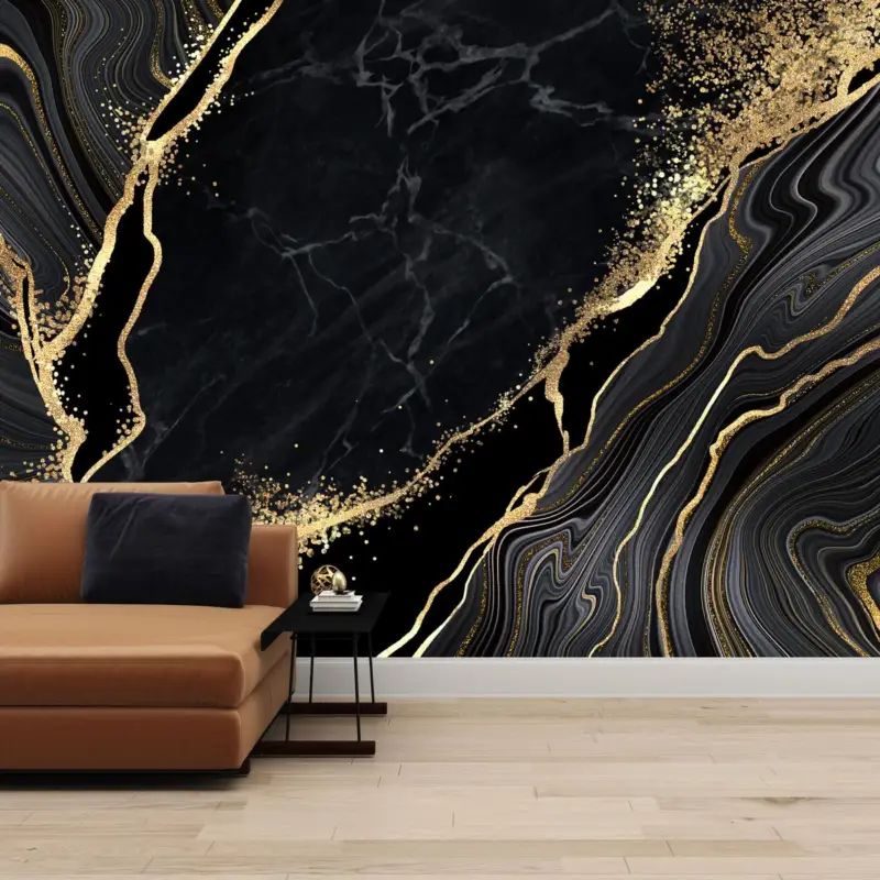 Super Prix Fotobehang - Zwart marmer met gouden structuur