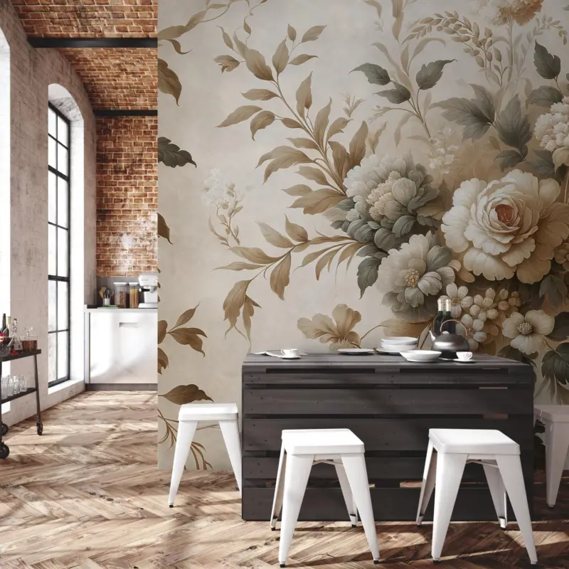 Fotobehang - Beige bloemen Satisfait Ou Remboursé