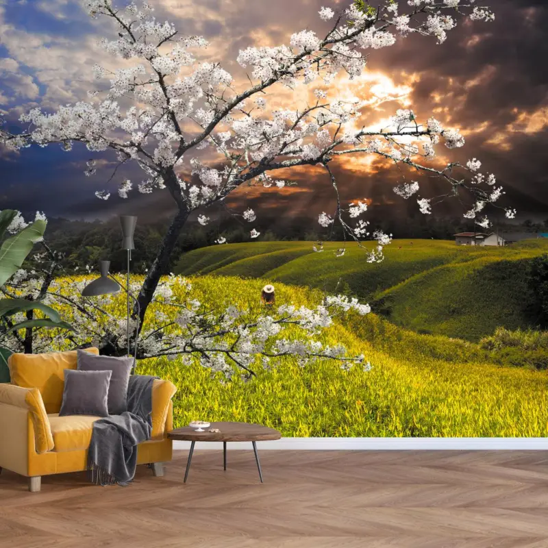 Vente Flash Fotobehang - Bloeiende boom in het landschap