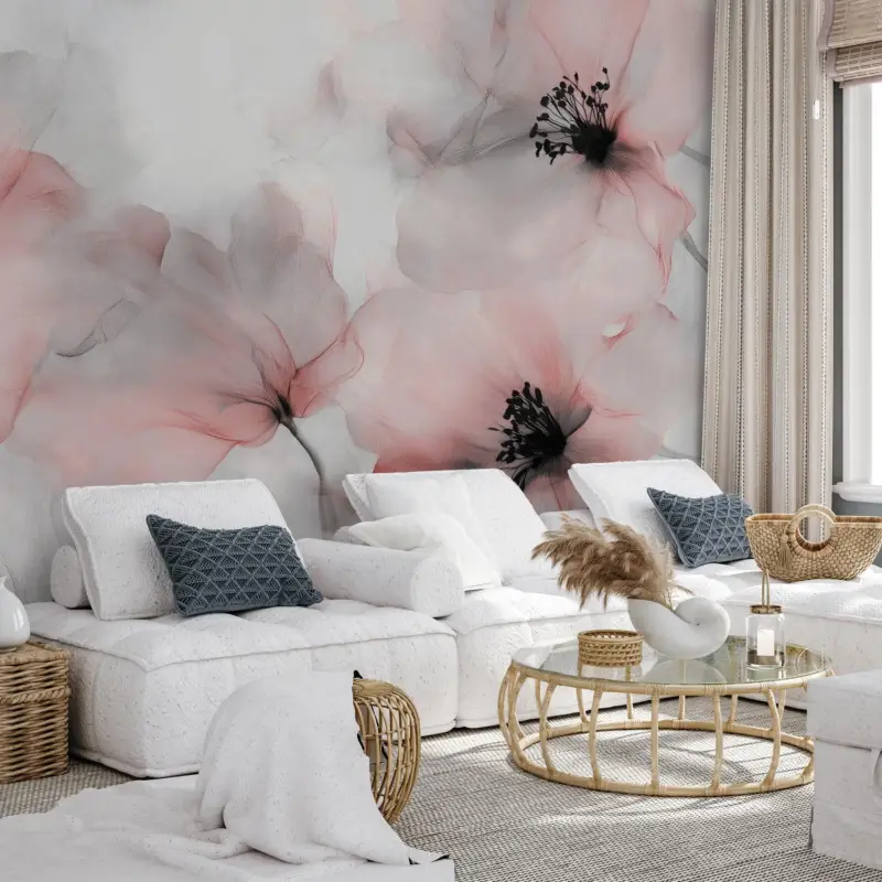 Vente Flash Fotobehang - Zachte roze-grijze bloemen