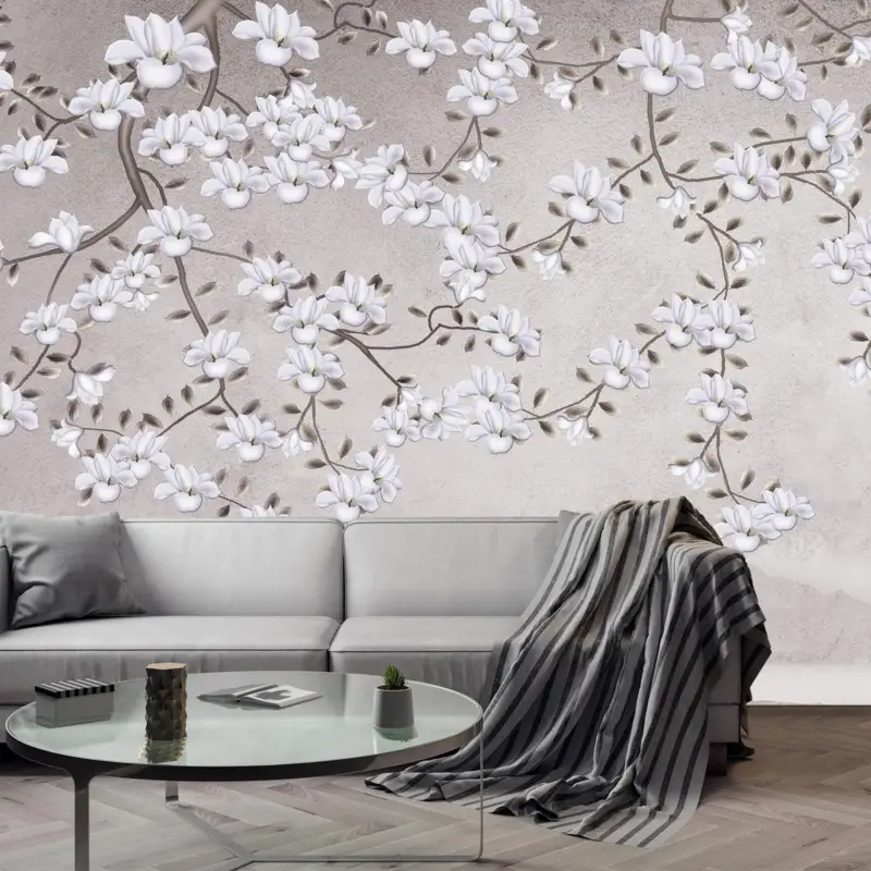 Soldes Fotobehang - Bloemen in grijs landschap