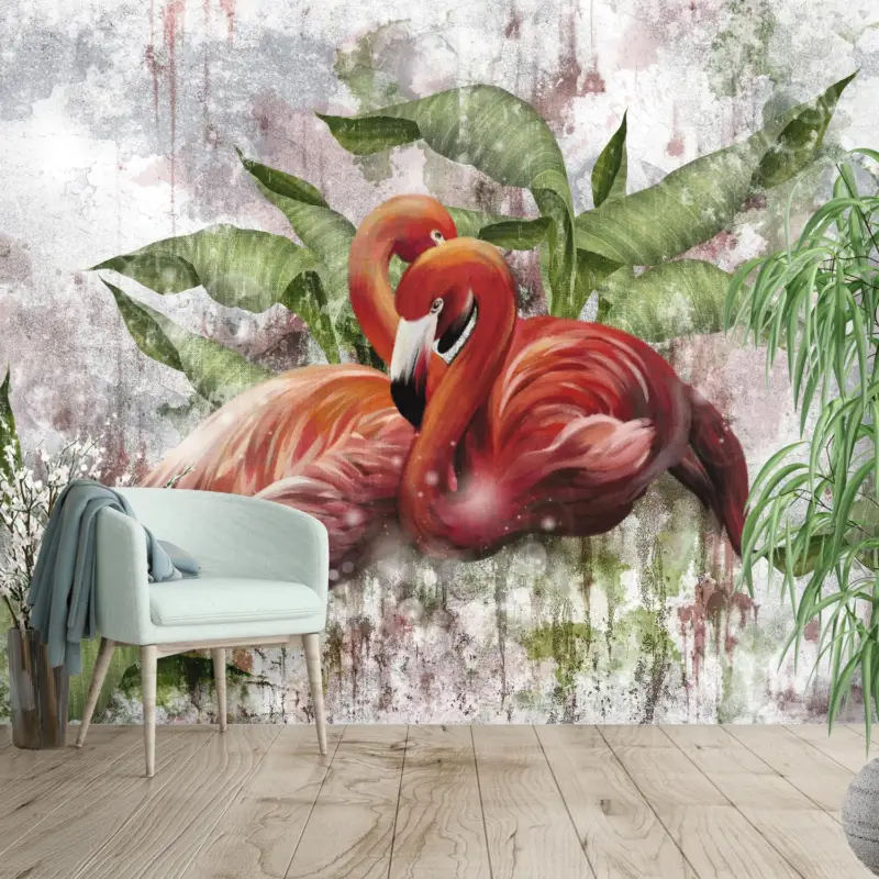 Vente Directe Fotobehang - Flamingo´s en betonnen muur