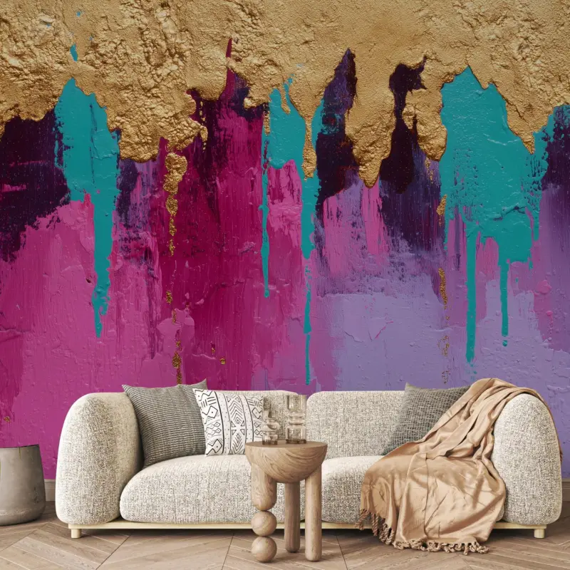 Satisfait Ou Remboursé Fotobehang - Muur met kleuren en goud