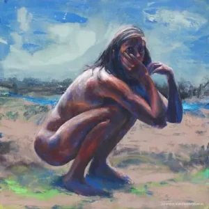 Seulement Aujourd’hui Hurkende vrouw in landschap