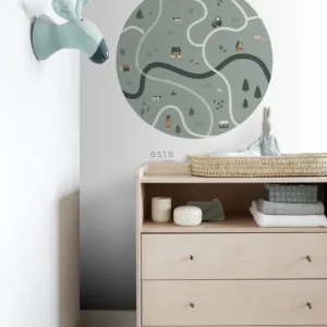 Acheter Direct ESTAhome zelfklevende behangcirkel tractoren en boerderijdieren vergrijsd groen - Ø 70 cm - 159068