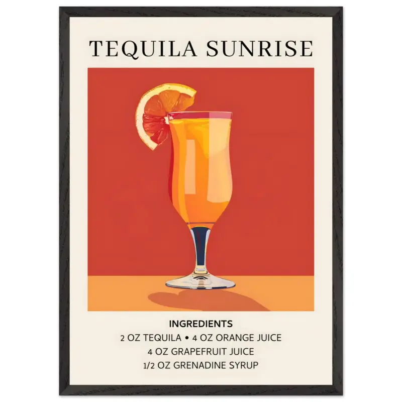 Vente Flash Artfulprints Poster met Lijst Tequila Sunrise cocktail - Ingrediënten - 50x70 cm - Oranje