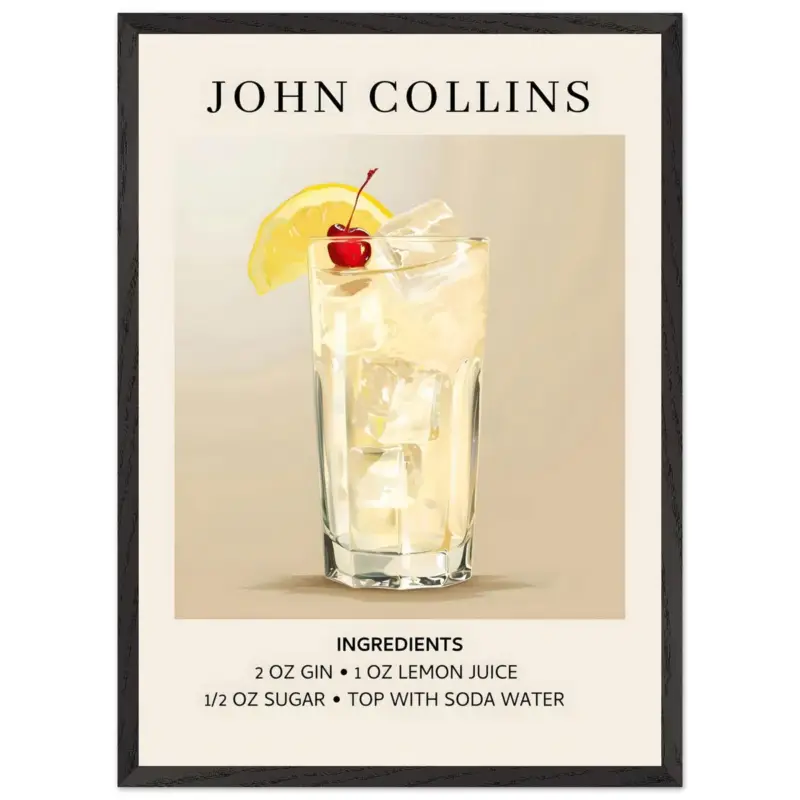 Vente Directe Artfulprints Poster met Lijst John Collins cocktail - Ingrediënten - 50x70 cm - Taupe