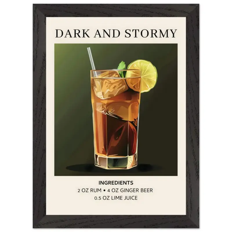 Achat Immédiat Artfulprints Poster met Lijst Dark and Stormy cocktail - Ingrediënten - A4 21x29.7 cm - Donkergroen
