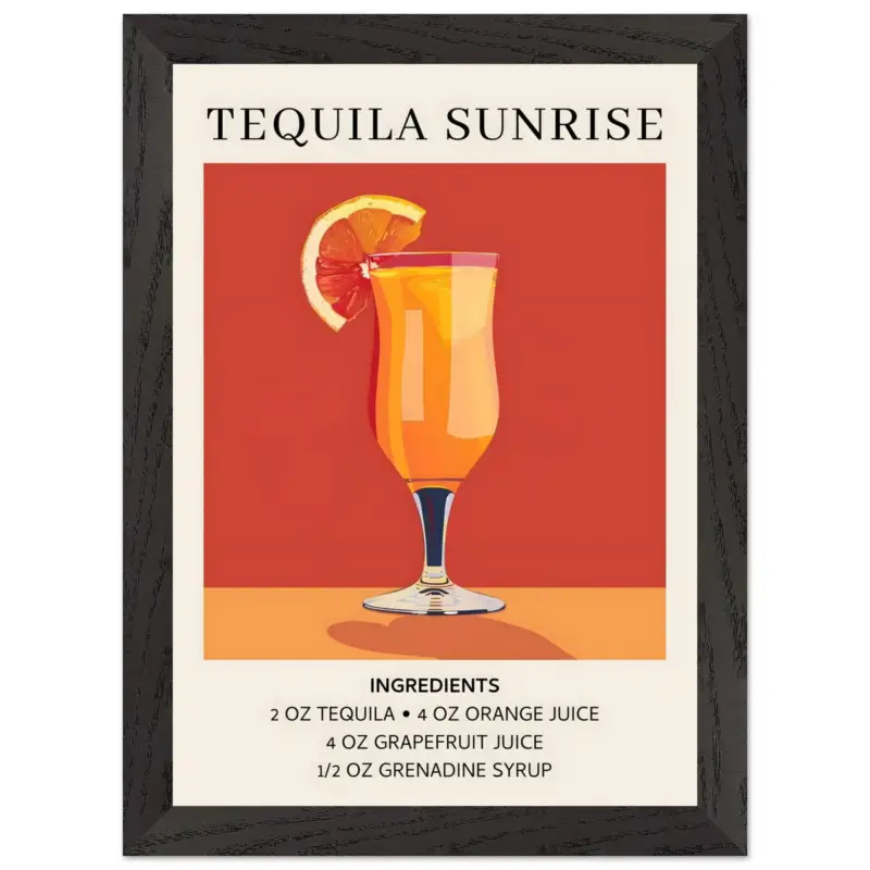 Vente Flash Artfulprints Poster met Lijst Tequila Sunrise cocktail - Ingrediënten - A4 21x29.7 cm - Oranje