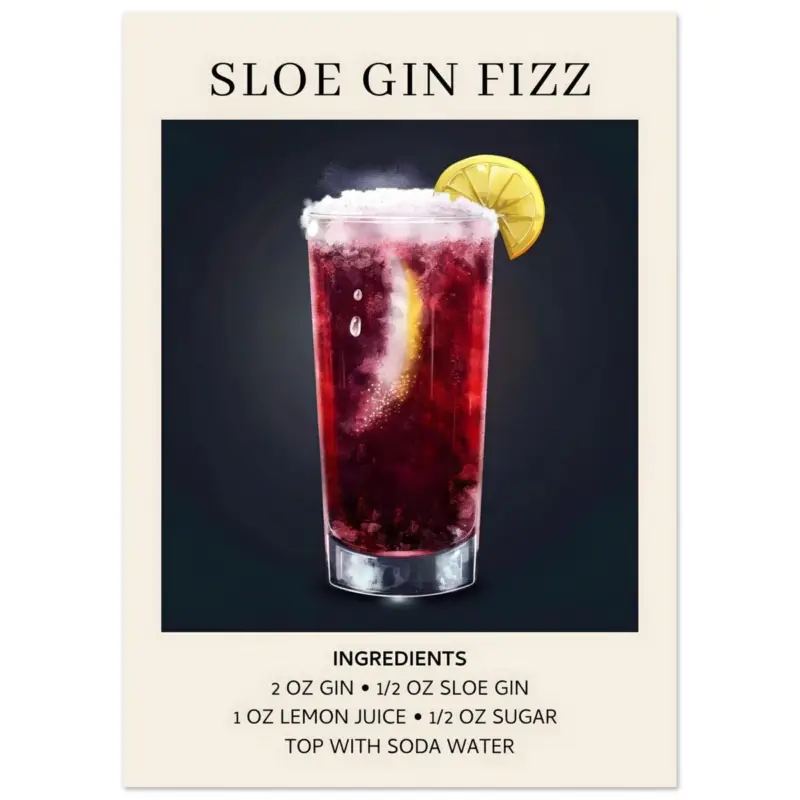 Acheter Direct Artfulprints Poster Sloe Gin Fizz cocktail - Ingrediënten - 50x70 cm - Zwart