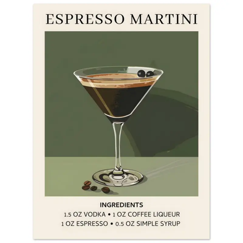 Vente Flash Artfulprints Poster Espresso Martini cocktail - Ingrediënten - 30x40 cm - Donkergroen