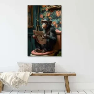 Aap die de krant leest op het toilet - Grappige badkamerfoto van Poster Art Shop - NL1402100M13S50x75 Dernier Modèle
