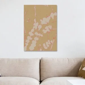 Abstract botanisch. Bloemen in wit en neonroze op oker. van Dina Dankers - NL1482196M13S50x70 Satisfait Ou Remboursé