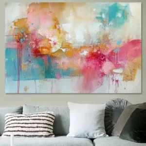 Abstract olieverfschilderij, roze, blauw, geel, oranje, wit - "Abstract Harmony" van Joriali Abstract - NL1653223M13S75x50 Expédition Rapide